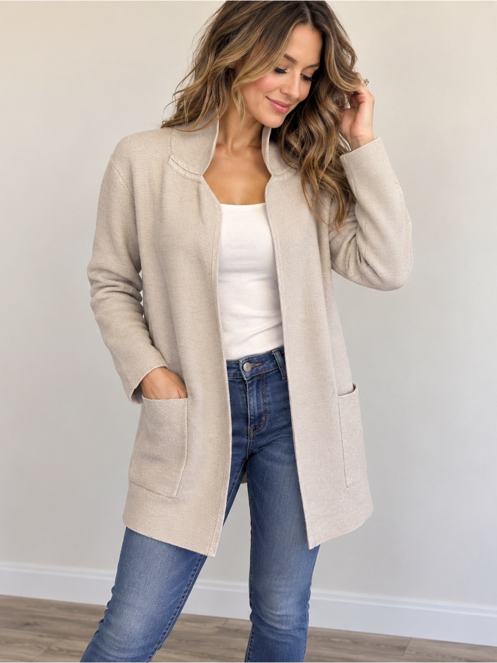 J.Crew Oatmeal Beige Longline Open Front Knit Cardigan Sweater S